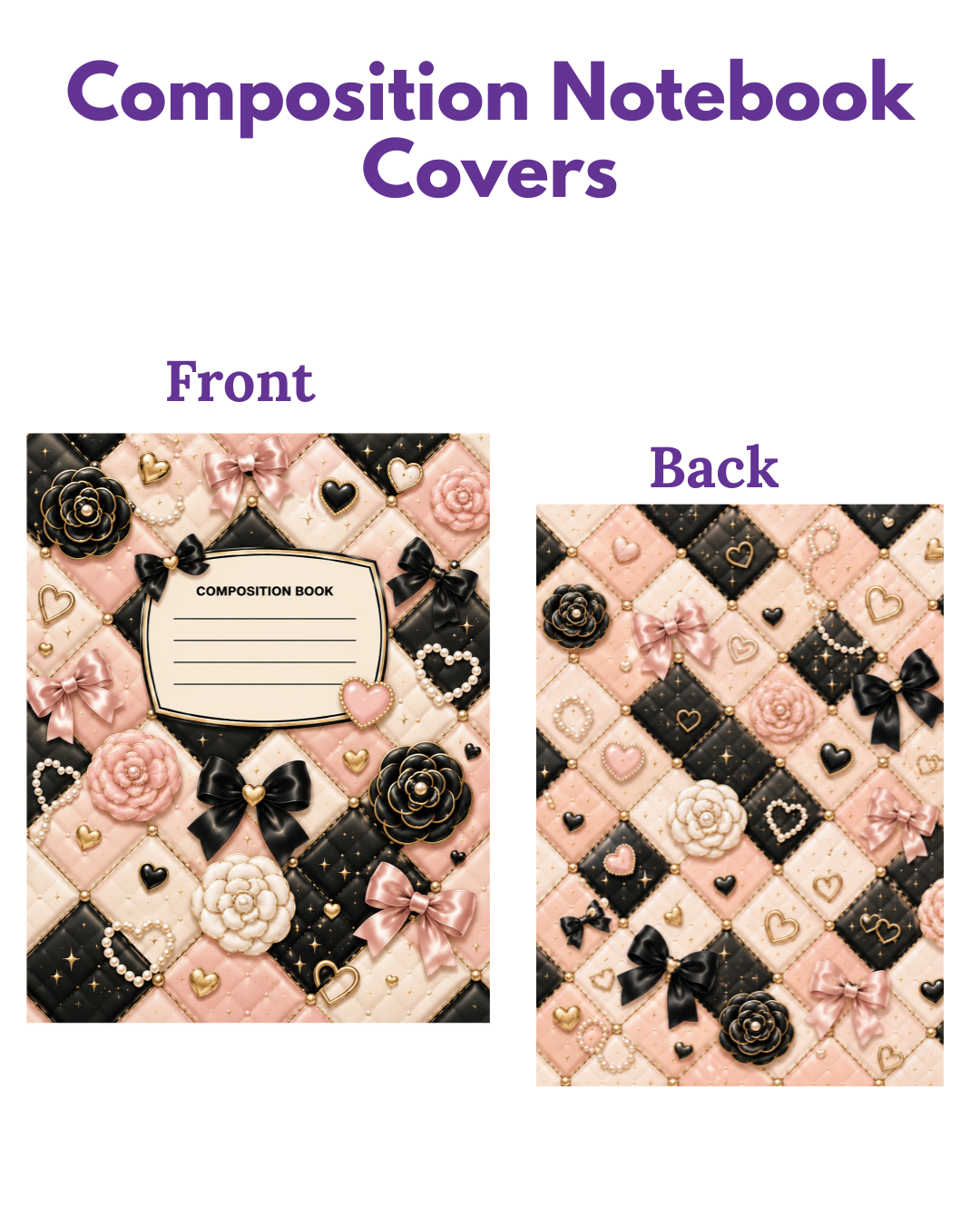 Composition Notebook Covers- Pink/Black Bows&Pearls