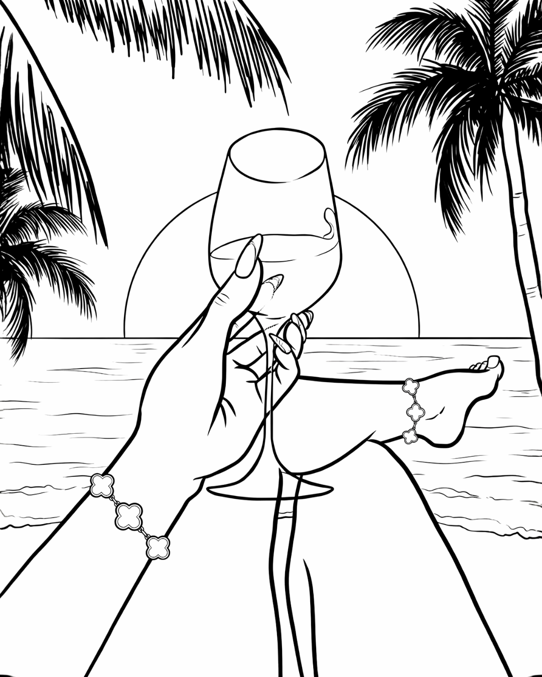 Beach Sunset & Wine - (Sketch Art) Screen Print Transfer