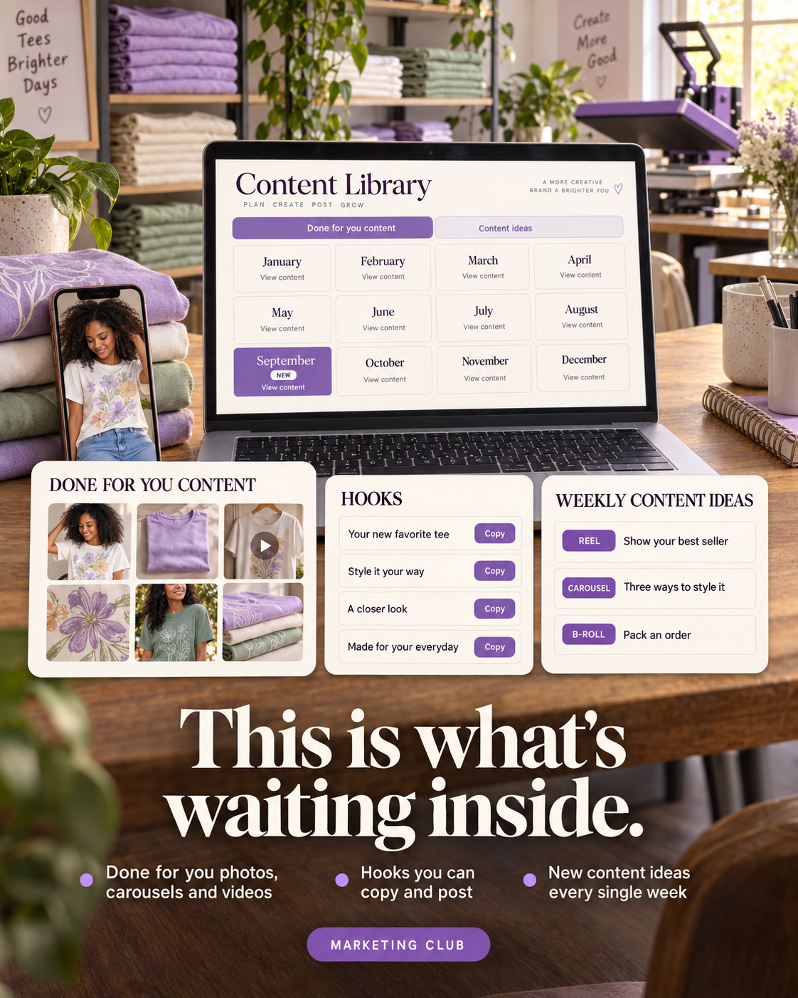 This is what's waiting inside. The member content library showing every month, done for you photos, carousels and videos, hooks you can copy and post, and new content ideas every single week.