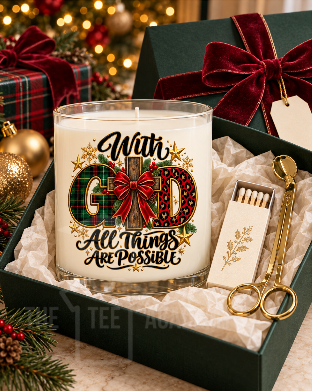 With God All Things Are Possible Christmas UV DTF decal on a candle