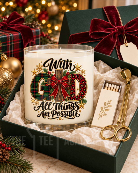 With God All Things Are Possible Christmas UV DTF decal on a candle