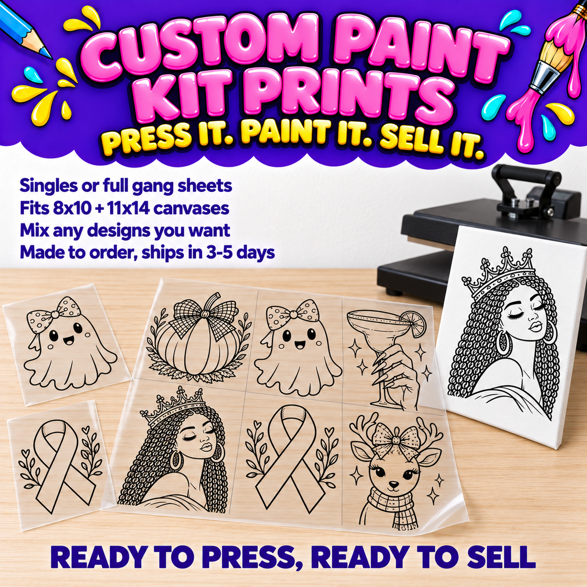 Custom Paint Kit Prints. Press it, paint it, sell it. DTF transfers of your sketch designs, singles or full gang sheets, fits 8x10 and 11x14 canvases.