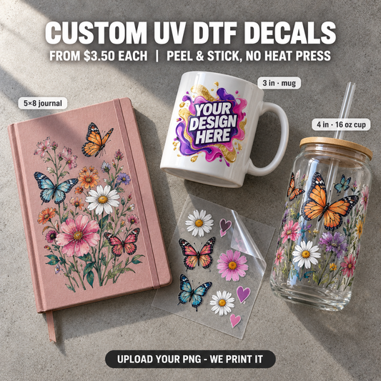 Custom UV DTF decals on a 5x8 journal, a 3 inch mug and a 4 inch 16 oz glass cup