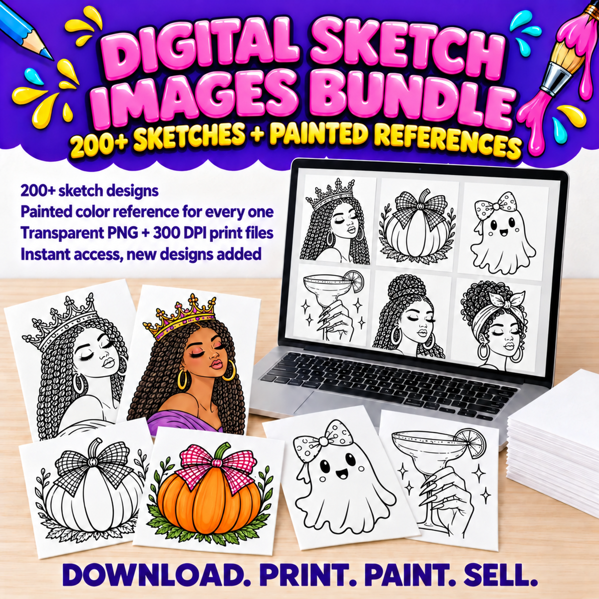 Digital Sketch Images Bundle. 200+ sketches plus painted references. Transparent PNG and 300 DPI print files. Download, print, paint, sell.