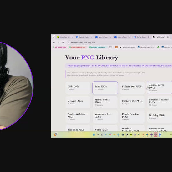 A quick tour inside the PNG Profits Club library, showing the categories, the designs and the 300 DPI print files.