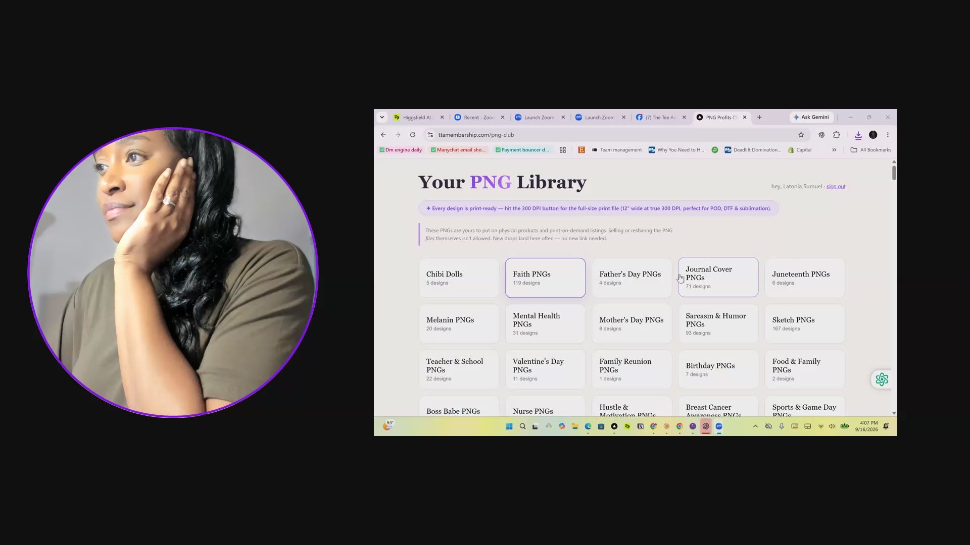 A quick tour inside the PNG Profits Club library, showing the categories, the designs and the 300 DPI print files.