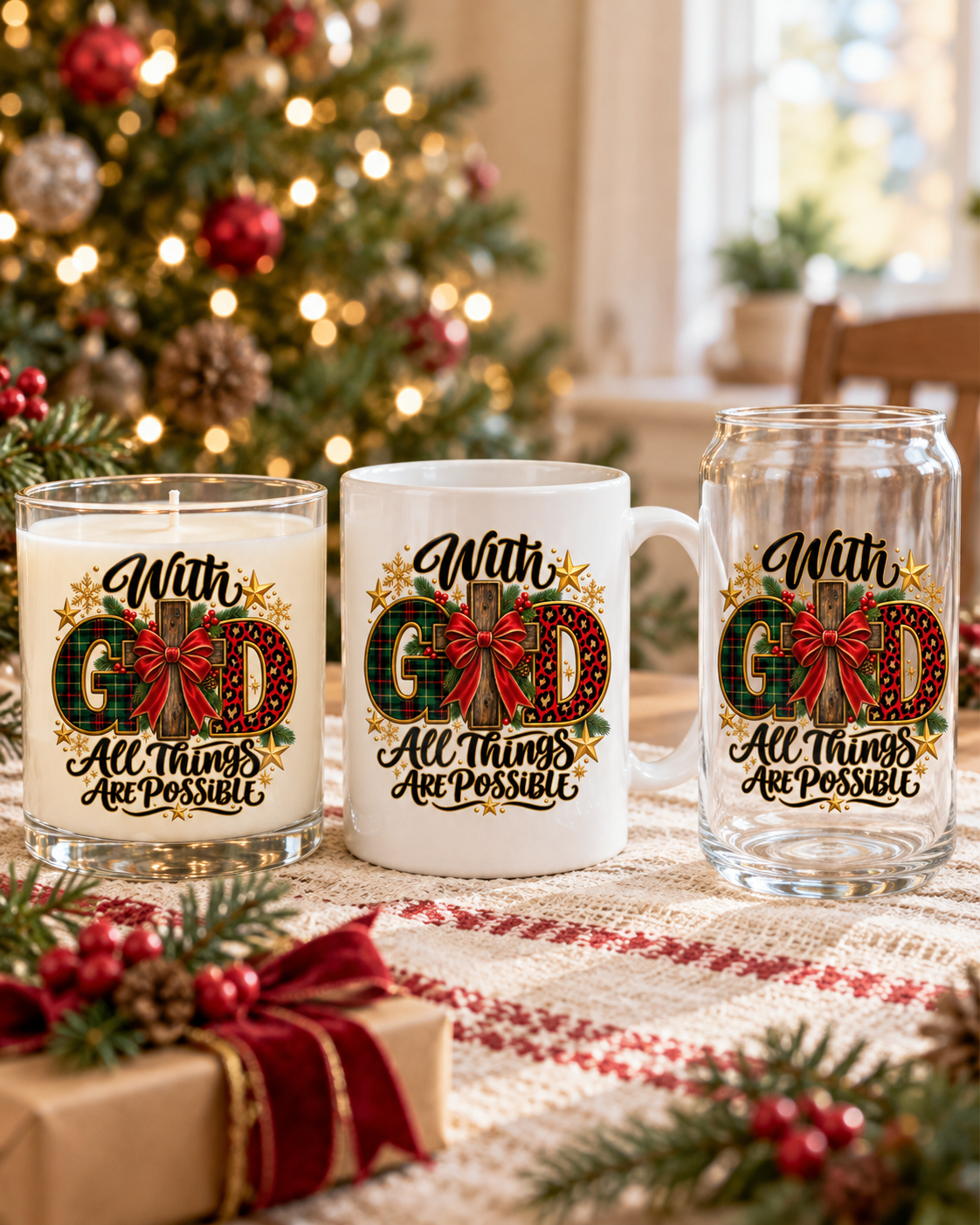 With God All Things Are Possible UV DTF decal on a candle, a mug, and a glass can cup